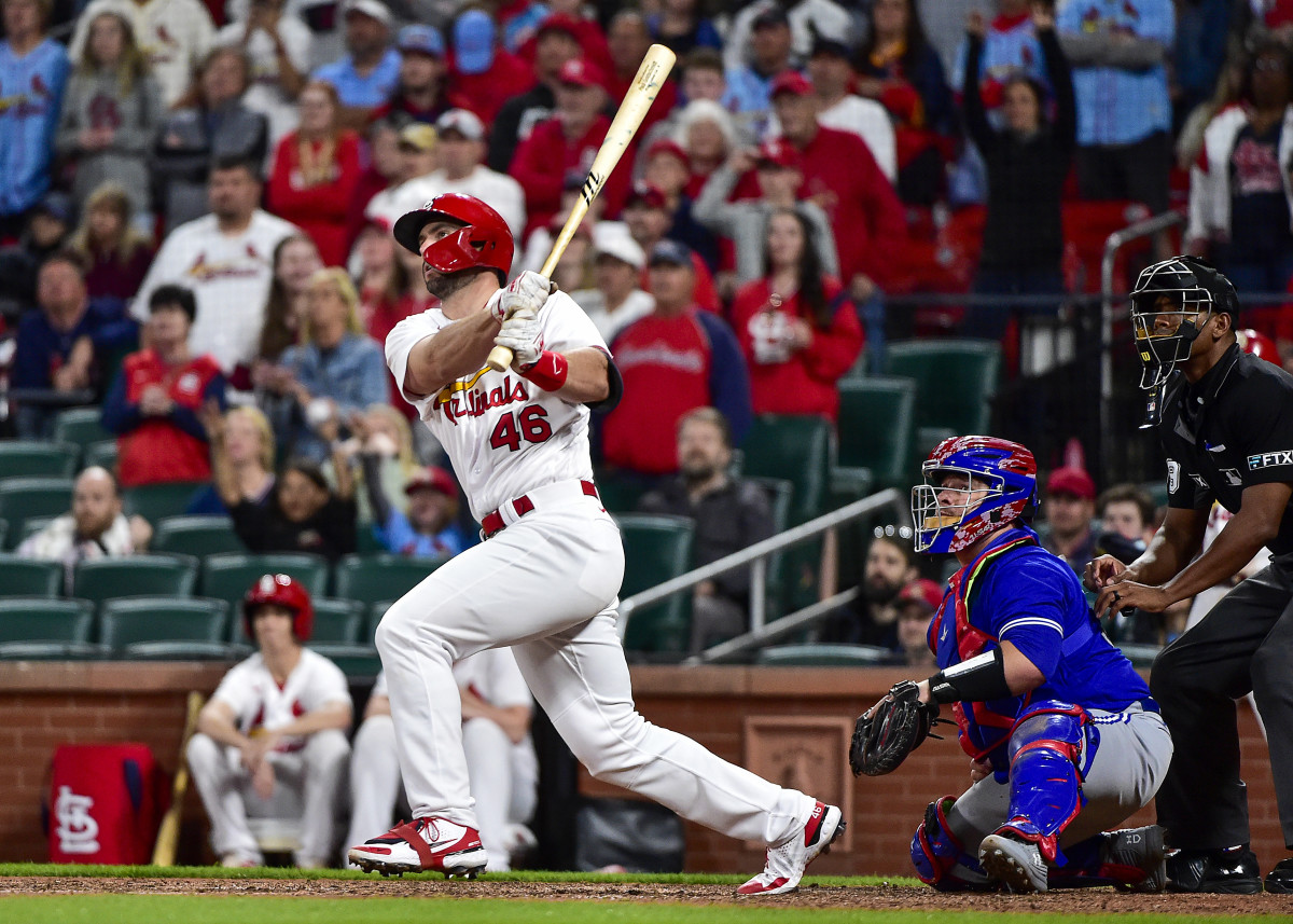 St. Louis Cardinals first baseman Paul Goldschmidt (46) hits a walk-off grand slam against the Toronto Blue Jays during the tenth inning at Busch Stadium.