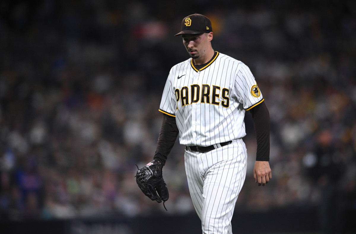 San Diego Padres starting pitcher Blake Snell (4) walks to the dugout after a pitching change during the fifth inning against the New York Mets at Petco Park.