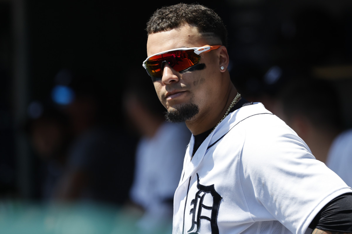 Detroit Tigers shortstop Javier Baez (28) watches from the dugout in the second inning against the Baltimore Orioles at Comerica Park.