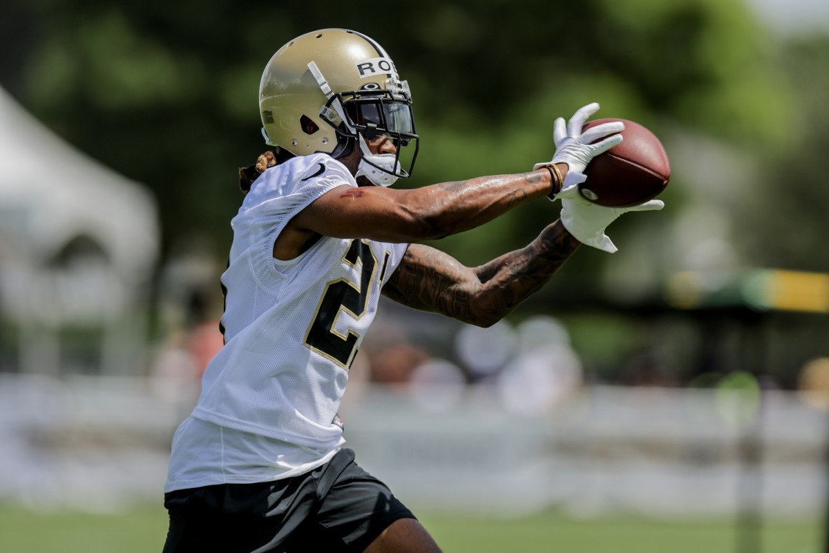 New Orleans Saints cornerback Bradley Roby (21) during minicamp at the Saints Training Facility. Mandatory Credit: Stephen Lew-USA TODAY 
