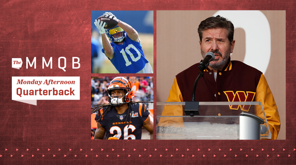 Washington Commanders co-owner Dan Snyder speaks during a press conference revealing the Commanders as the new name for the formerly named Washington Football Team at FedEx Field; Cincinnati Bengals cornerback Trae Waynes (26) against the Los Angeles Rams during Super Bowl LVI at SoFi Stadium; Los Angeles Rams receiver Cooper Kupp (10) catches the ball during minicamp at Cal Lutheran University.