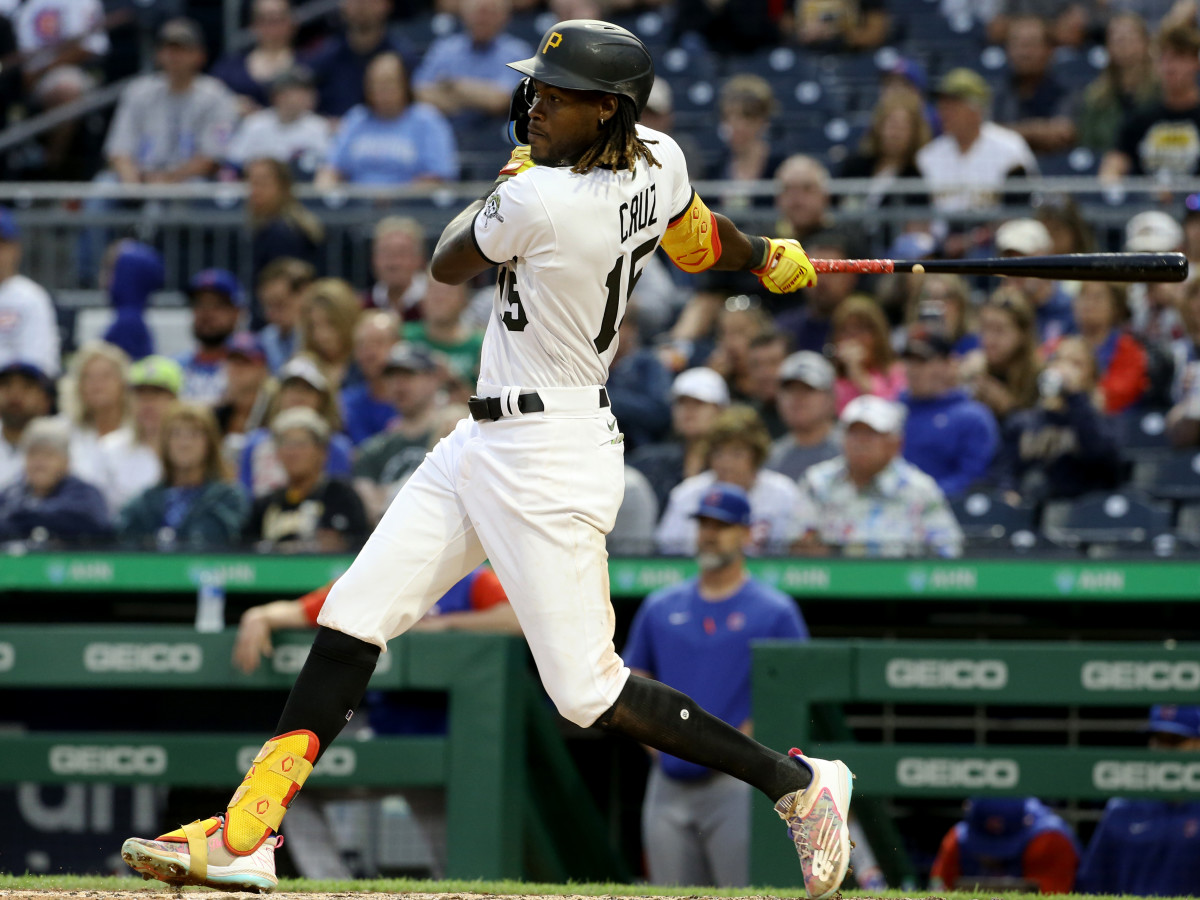 In his 2022 big-league debut, Pittsburgh Pirates shortstop Oneil Cruz (15) hits a three run double against the Chicago Cubs during the third inning inning at PNC Park.