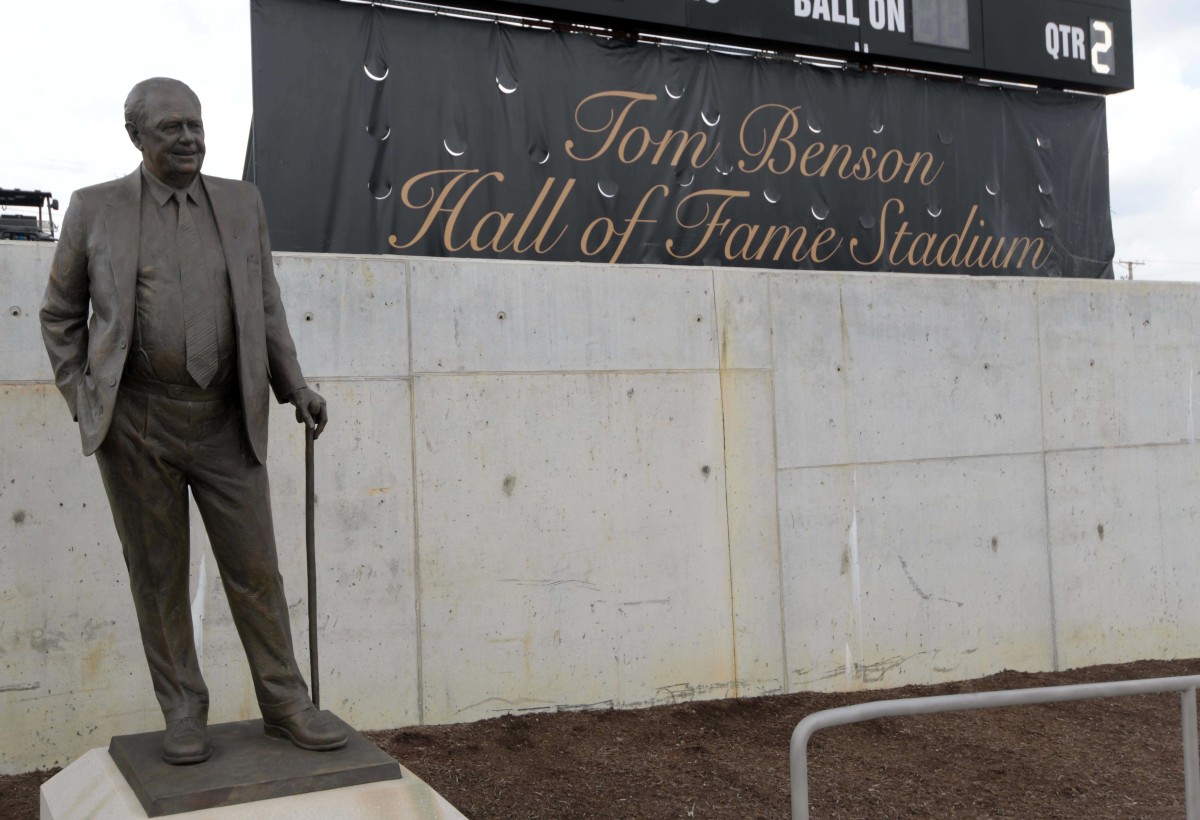 Canton, OH; Statue of New Orleans Saints owner Tom Benson at Tom Benson Hall of Fame Stadium. Mandatory Credit: Kirby Lee-USA TODAY Sports