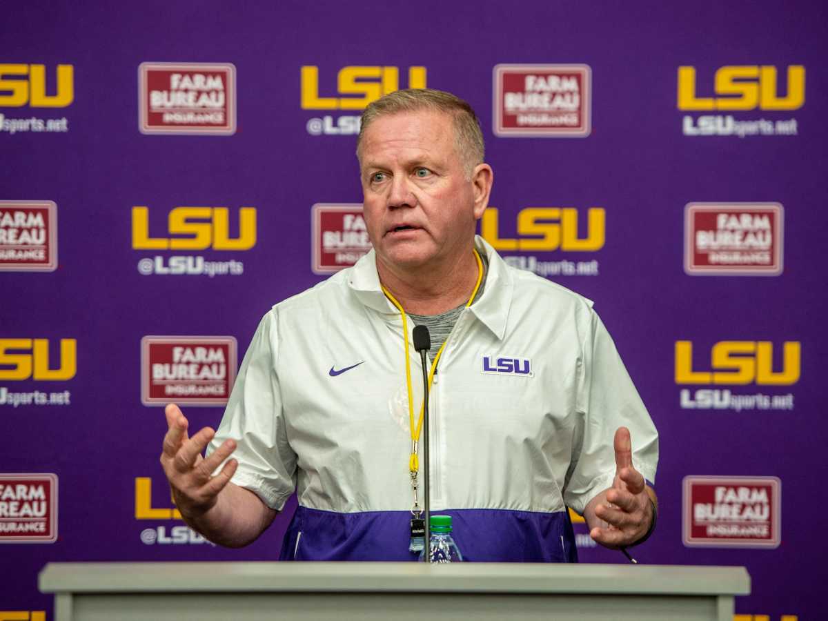 LSU football coach Brian Kelly speaks to media following the first spring practice under him on March 24. jump2