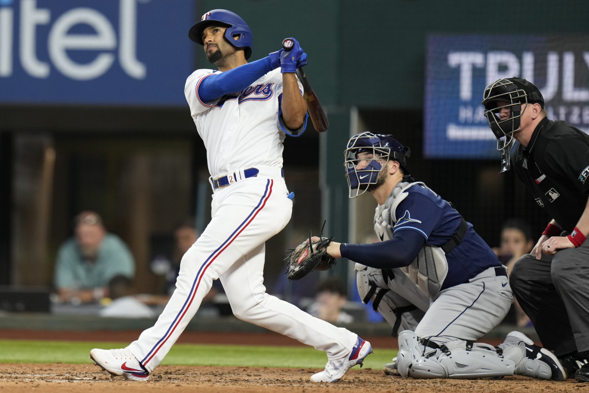 Marcus Semien finishes his swing which resulted in a home run against the Tampa Bay Rays.