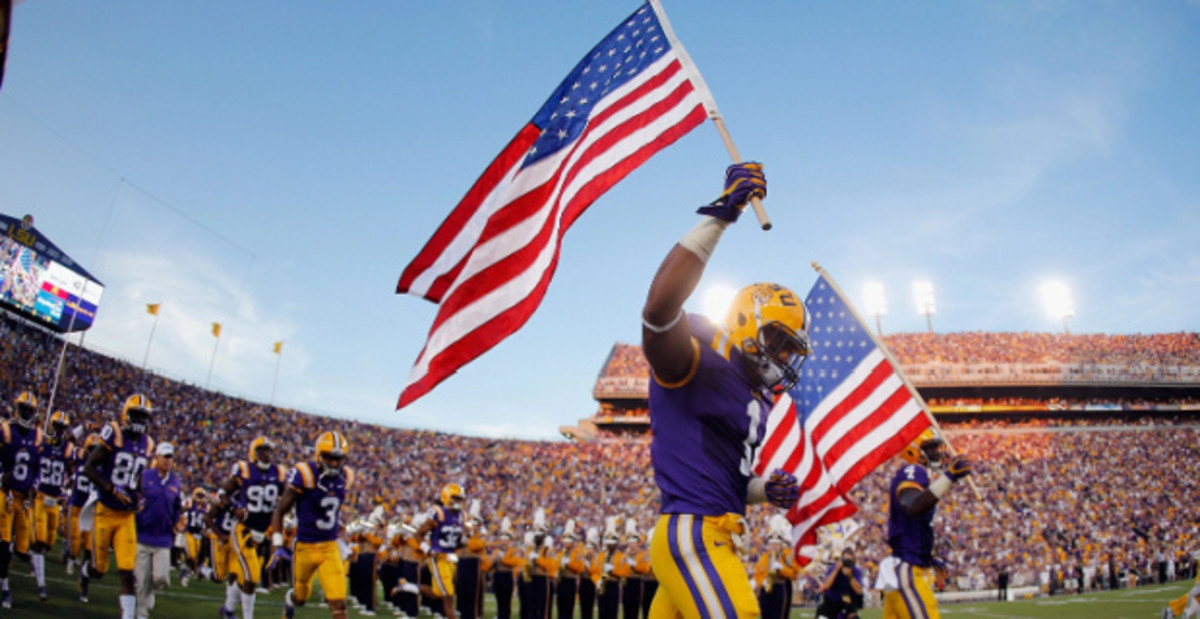 Scenes before kickoff at an LSU Tigers game during the college football season in the SEC.
