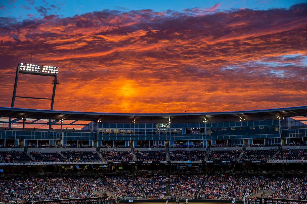 Jun 21, 2022; Omaha, NE, USA; Sunset view of Charles Schwab Field during the game between the Auburn Tigers and the Arkansas Razorbacks.