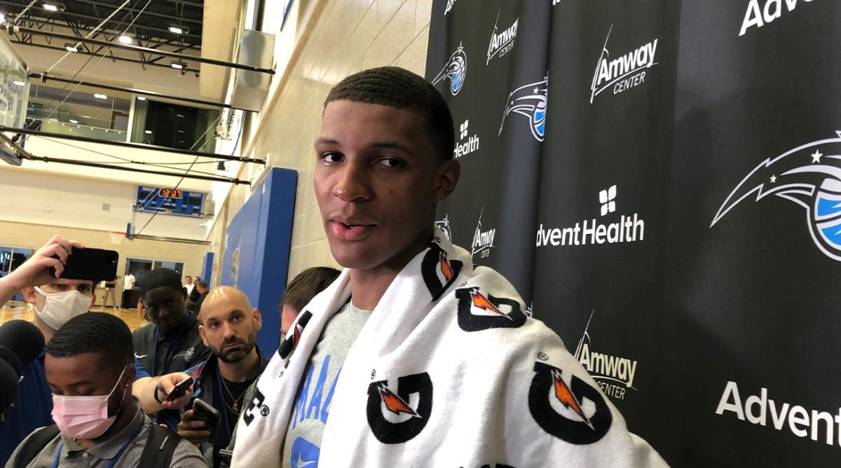 Auburn’s Jabari Smith speaks to reporters Thursday, June 9, 2022 in Orlando, Fla. after going through a workout with the Orlando Magic, who hold the No. 1 pick in the June 23 NBA Draft. Smith is a top candidate to go first overall.