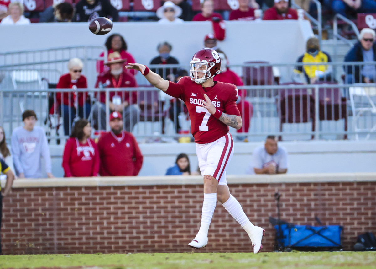 Oklahoma Sooners quarterback Spencer Rattler (7) throws during the second half against the Texas Tech Red Raiders at Gaylord Family-Oklahoma Memorial Stadium.