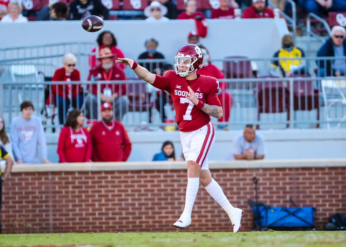 Oklahoma Sooners quarterback Spencer Rattler (7) throws during the second half against the Texas Tech Red Raiders at Gaylord Family-Oklahoma Memorial Stadium.