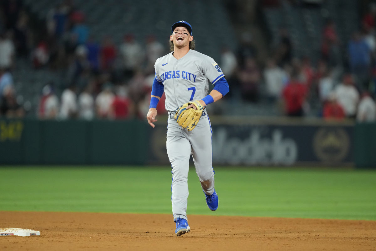 Jun 21, 2022; Anaheim, California, USA; Kansas City Royals shortstop Bobby Witt Jr. (7) celebrates after the game against the Los Angeles Angels at Angel Stadium. Mandatory Credit: Kirby Lee-USA TODAY Sports
