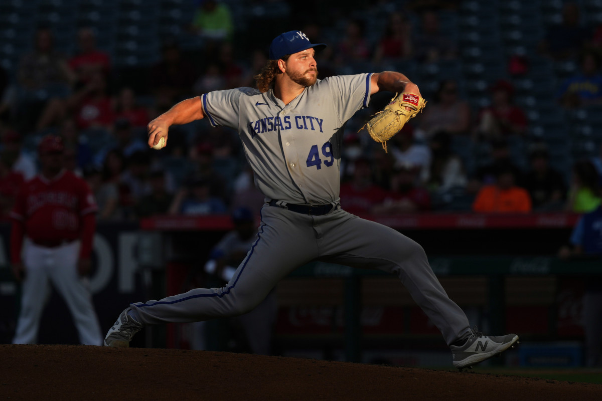 Jun 21, 2022; Anaheim, California, USA; Kansas City Royals starting pitcher Jonathan Heasley (49) delivers a pitch in the second inning against the Los Angeles Angels at Angel Stadium. Mandatory Credit: Kirby Lee-USA TODAY Sports