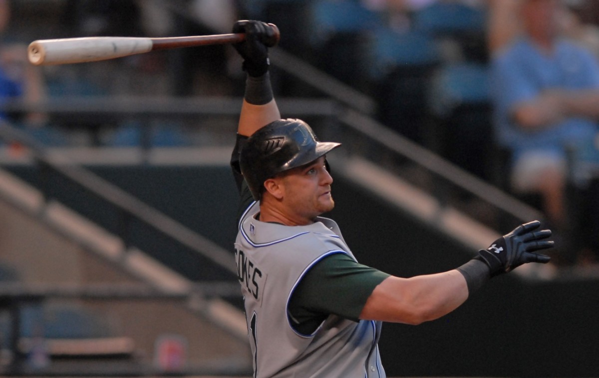 Tampa Bay Devil Rays right fielder (31) Jonny Gomes admires a home run in 2007. He played six of his 13 pro seasons in Tampa Bay. (Mark J. Rebilas-USA TODAY)