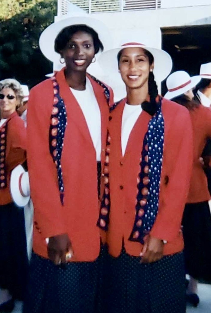 Sheila Hudson, with teammate Diana Wills-Orrange at the 1996 Olympics opening ceremonies