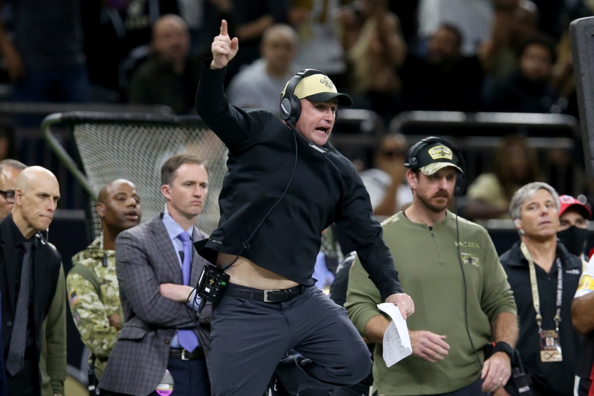 New Orleans Saints special teams coordinator Darren Rizzi reacts after a fumble on an Atlanta Falcons kickoff return. Mandatory Credit: Chuck Cook-USA TODAY