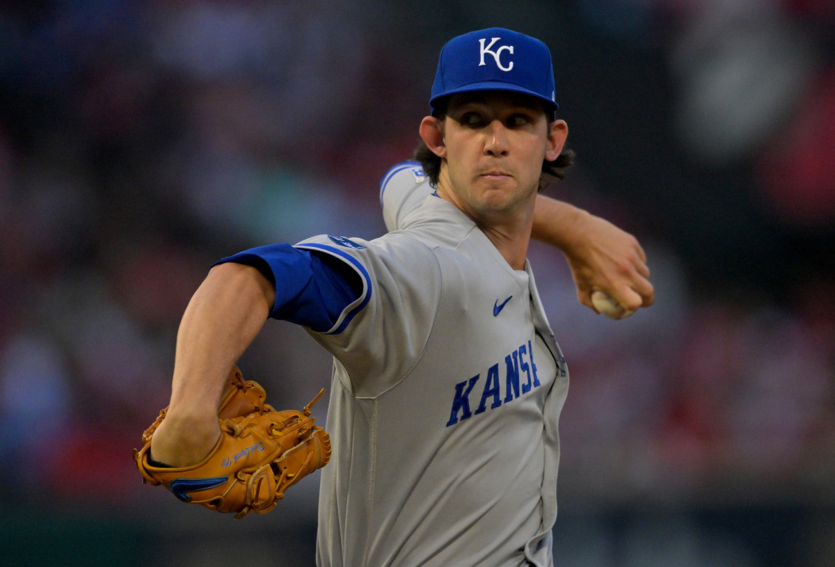 Jun 22, 2022; Anaheim, California, USA; Kansas City Royals starting pitcher Daniel Lynch (52) pitches in the second inning of the game against the Los Angeles Angels at Angel Stadium. Mandatory Credit: Jayne Kamin-Oncea-USA TODAY Sports