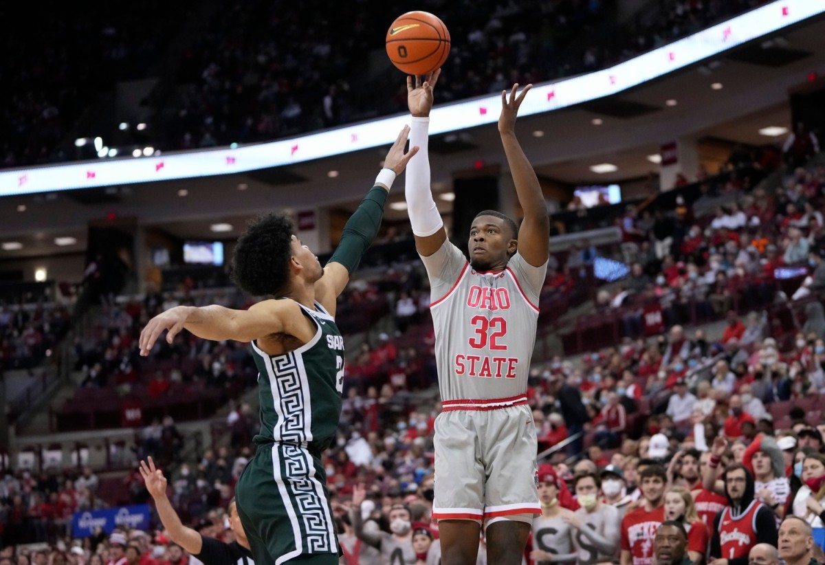 Ohio State Buckeyes forward E.J. Liddell (32) shoots over Michigan State Spartans forward Malik Hall (25) during the first half of the NCAA men's basketball game at Value City Arena in Columbus on March 3, 2022. Michigan State Spartans At Ohio State Buckeyes