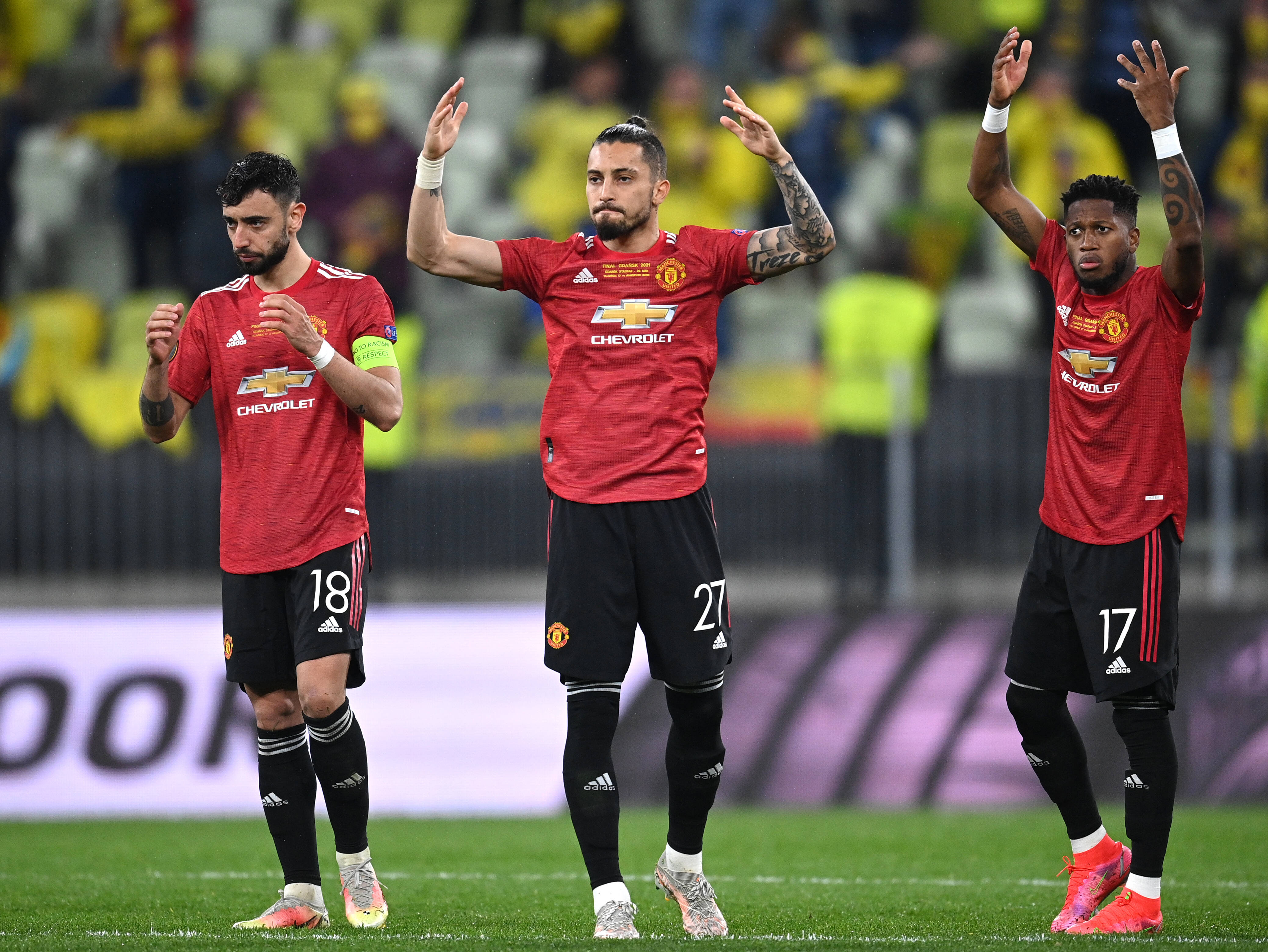 Manchester United trio Bruno Fernandes, Alex Telles and Fred (left to right) pictured during the 2021 Europa League final