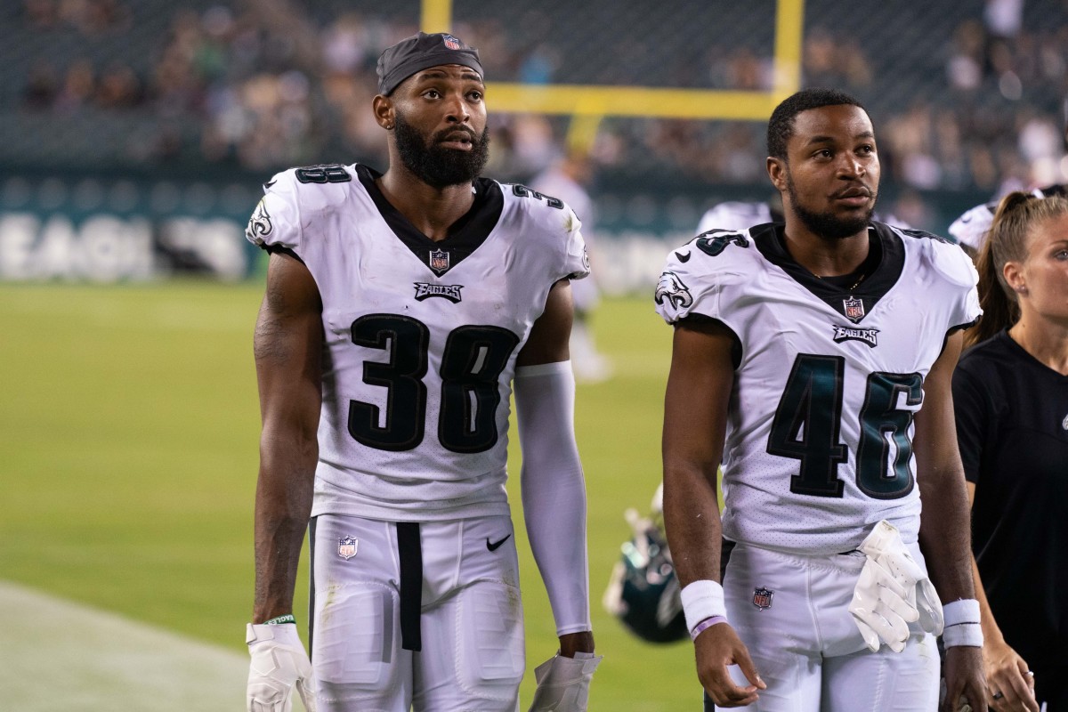 Aug 19, 2021; Philadelphia, Pennsylvania, USA; Philadelphia Eagles cornerback Josiah Scott (46) and defensive back Michael Jacquet (38) after a game against the New England Patriots at Lincoln Financial Field.