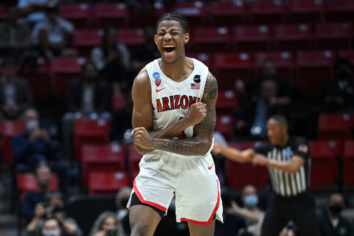 Arizona Wildcats guard Dalen Terry (4) reacts in the first half against the TCU Horned Frogs during the second round of the 2022 NCAA Tournament at Viejas Arena. Mar 20, 2022; San Diego, CA, USA. Photo: Orlando Ramirez-USA TODAY Sports