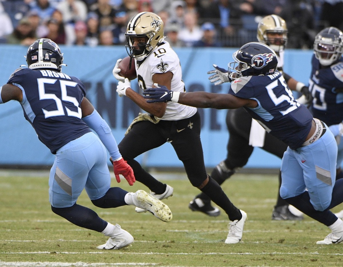 New Orleans Saints wide receiver Tre'Quan Smith (10) after a reception against the Tennessee Titans. Mandatory Credit: Steve Roberts-USA TODAY Sports