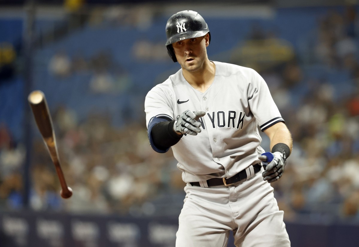 New York Yankees OF Joey Gallo throws bat