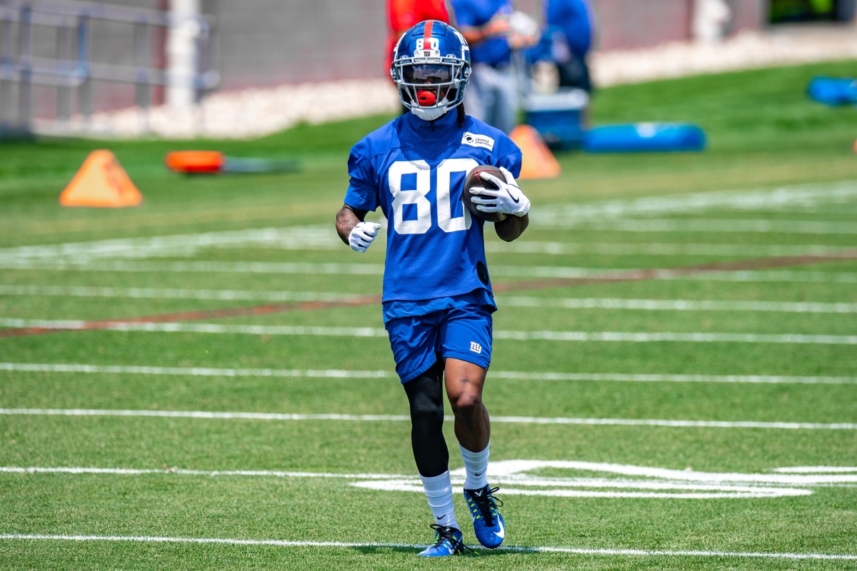 Jun 7, 2022; East Rutherford, New Jersey, USA; New York Giants wide receiver Richie James (80) participates in a drill during minicamp at MetLife Stadium.