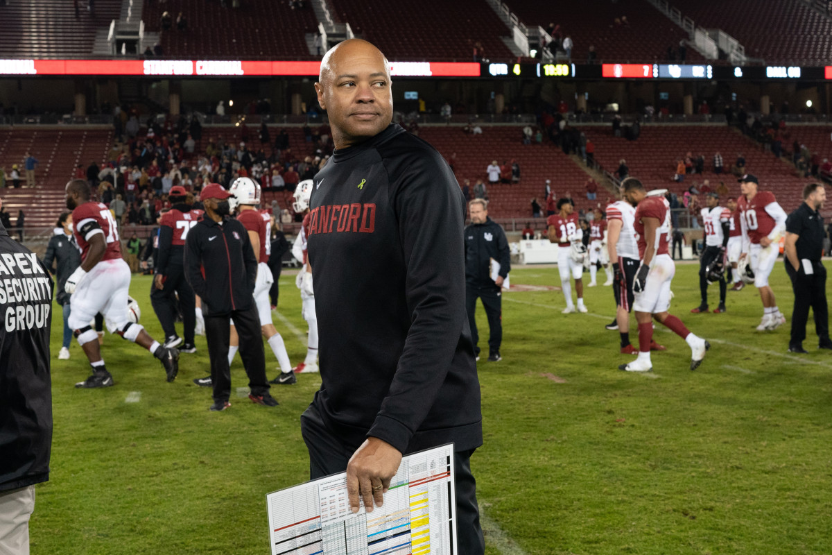 Stanford Cardinal head coach David Shaw (left) after the game after losing to Utah Utes at Stanford Stadium.