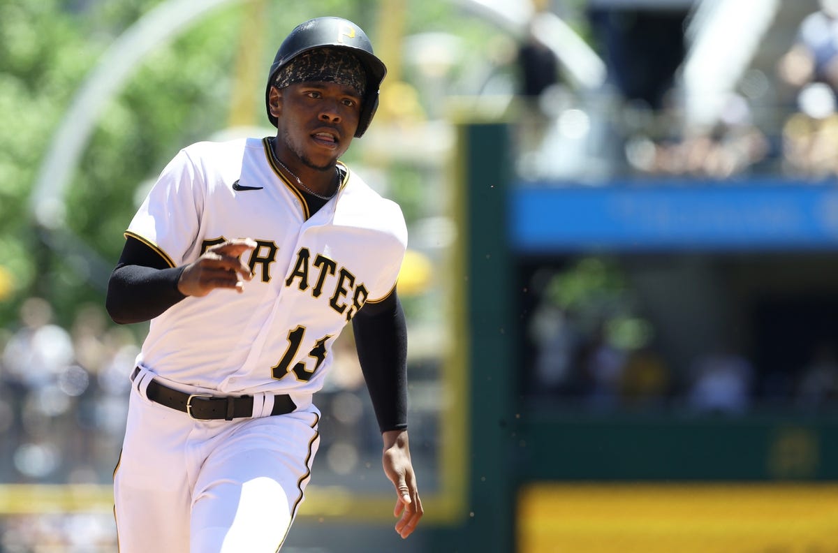Jun 23, 2022; Pittsburgh, Pennsylvania, USA; Pittsburgh Pirates third baseman Ke'Bryan Hayes (13) runs the bases on his way to scoring against the Chicago Cubs during the fifth inning at PNC Park. Mandatory Credit: Charles LeClaire-USA TODAY Sports