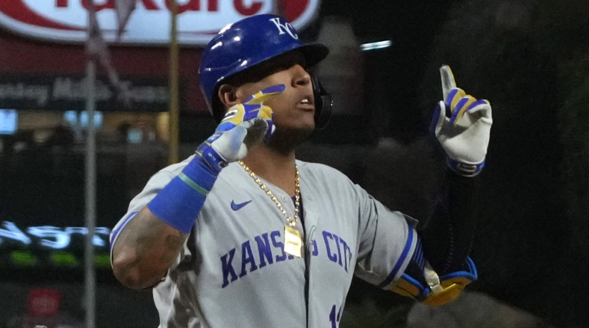Kansas City Royals catcher Salvador Perez (13) celebrates after hitting a two-run home run.