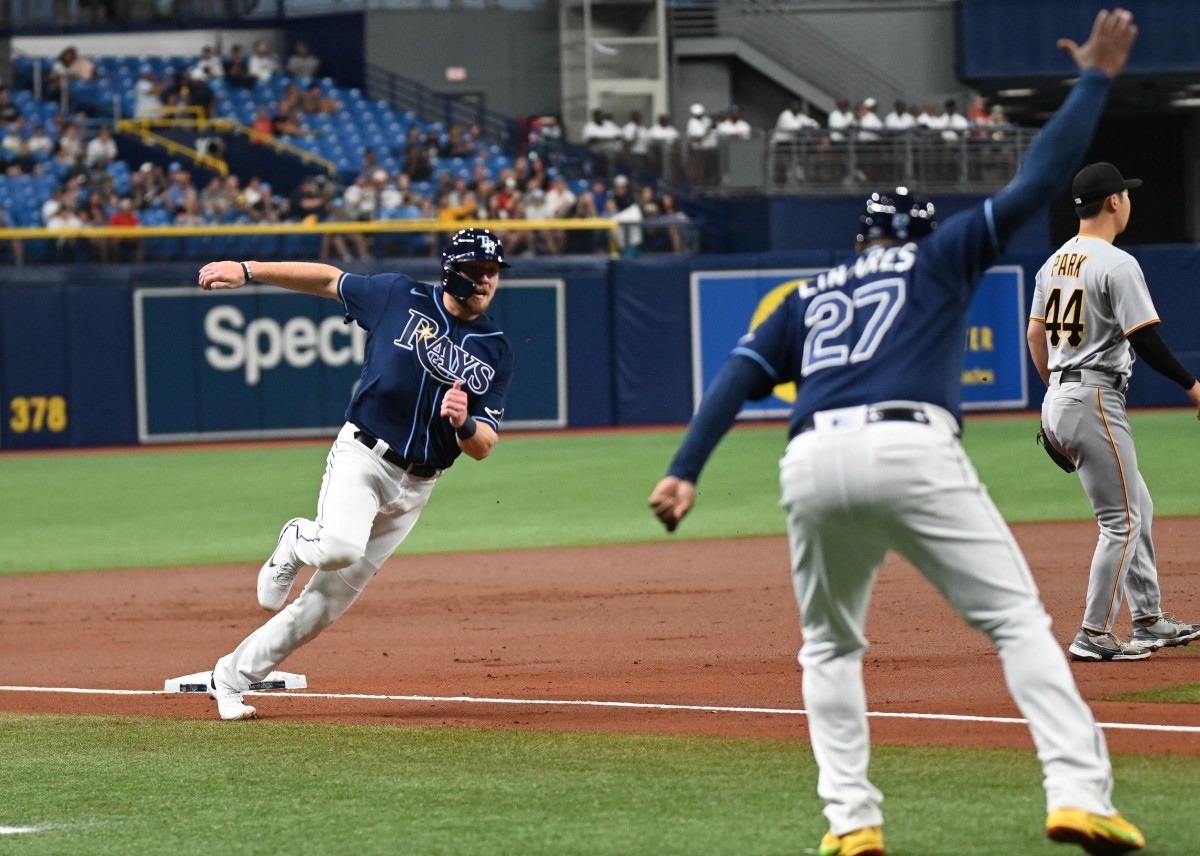 Tampa Bay left fielder Luke Raley (55) rounds third base on his way to scoring a run in the second inning against the Pittsburg Pirates at Tropicana Field. (Jonathan Dyer-USA TODAY Sports)