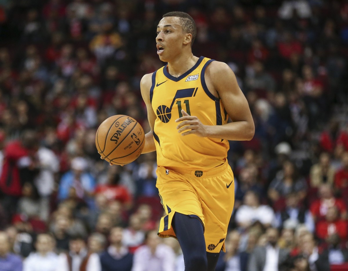 Utah Jazz guard Dante Exum (11) dribbles the ball during the second quarter against the Houston Rockets at Toyota Center.