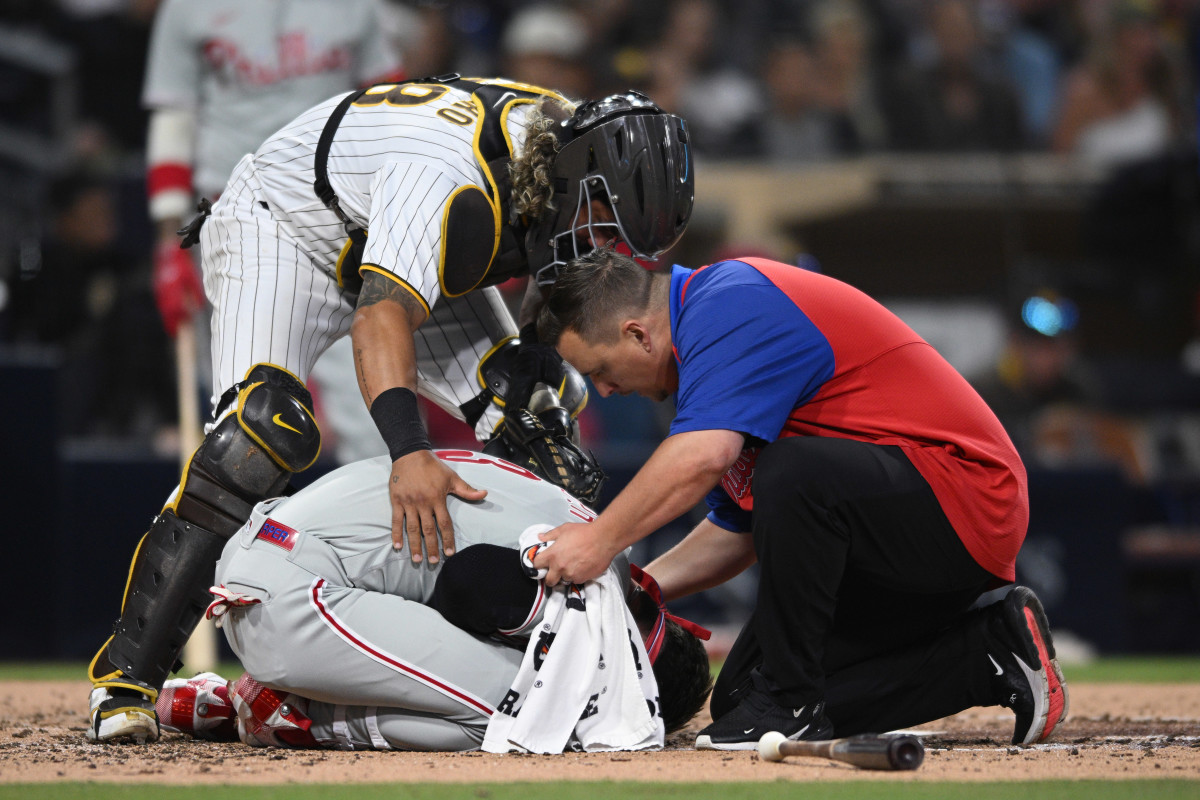Bryce Harper fell to the ground in pain after being hit by a 97 MPH fastball from Blake Snell.