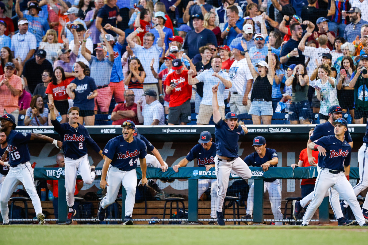Jun 25, 2022; Omaha, NE, USA; Ole Miss dugout reacts during the eighth inning at Charles Schwab Field.