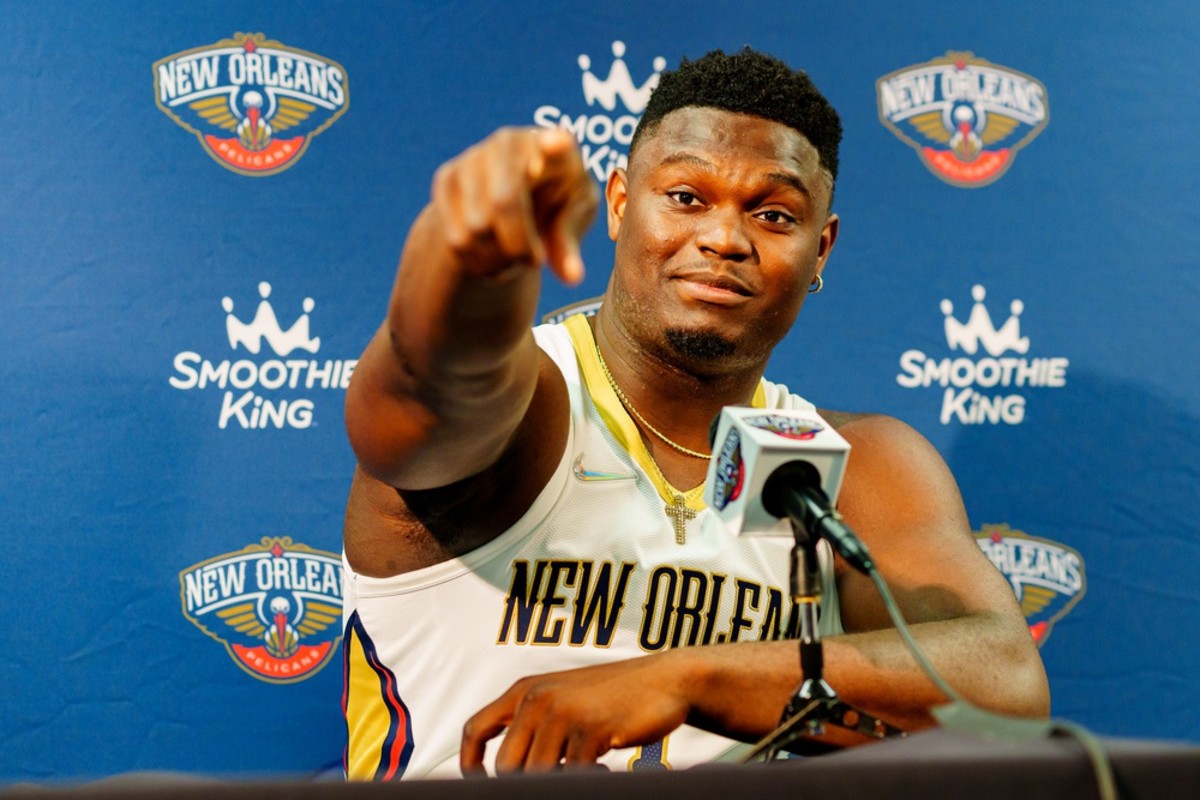 Sep 27, 2021; New Orleans, LA, USA; Zion Williamson during a press conference at the New Orleans Pelicans Media Day. Mandatory Credit: Andrew Wevers-USA TODAY Sports