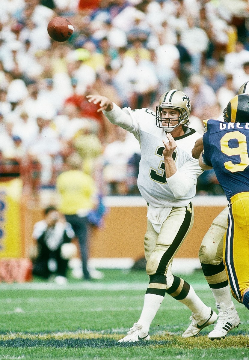 Oct 22, 1989; FILE PHOTO; New Orleans Saints quarterback Bobby Hebert (3) throws the ball against the Los Angeles Rams. Credit: Peter Brouillet-USA TODAY NETWORK