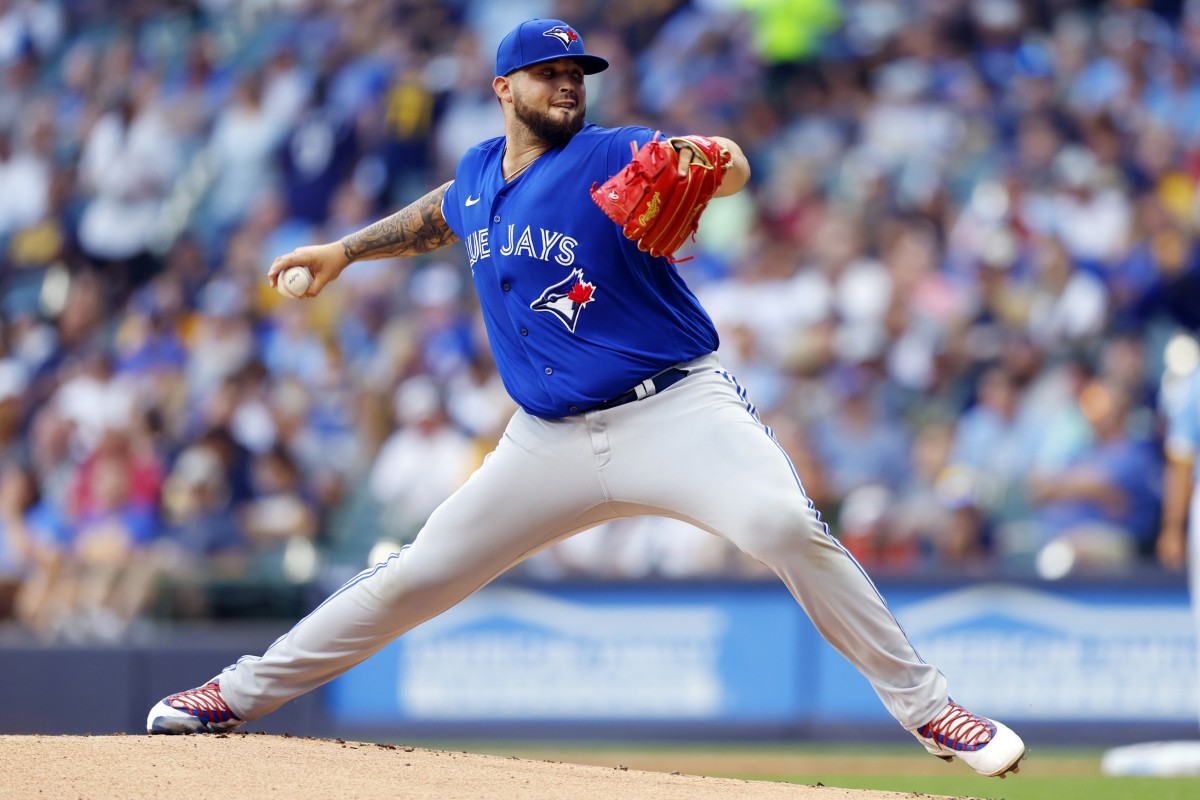 Jun 24, 2022; Milwaukee, Wisconsin, USA; Toronto Blue Jays pitcher Alek Manoah (6) throws a pitch during the first inning against the Milwaukee Brewers at American Family Field.