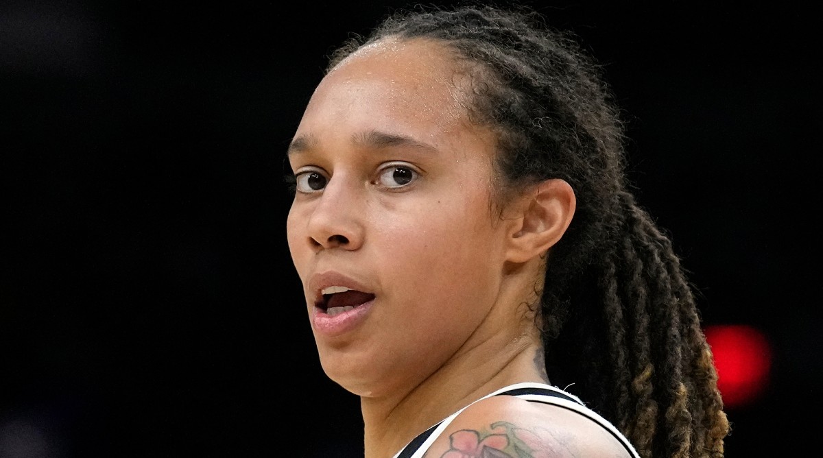 Mercury center Brittney Griner looks on during the first half of Game 2 of the 2021 WNBA Finals.