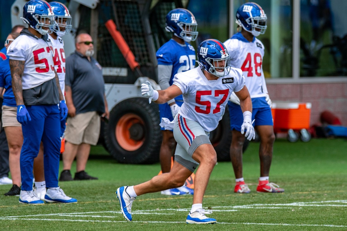Jun 7, 2022; East Rutherford, New Jersey, USA; New York Giants linebacker Niko Lalos (57) participates in a drill during minicamp at MetLife Stadium.