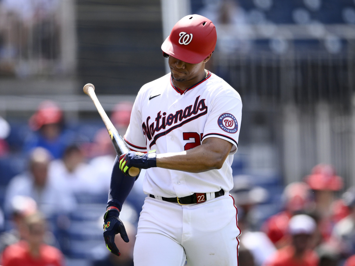 Washington Nationals’ Juan Soto reacts after he struck out during the seventh inning of a baseball game against the Milwaukee Brewers, Sunday, June 12, 2022, in Washington.