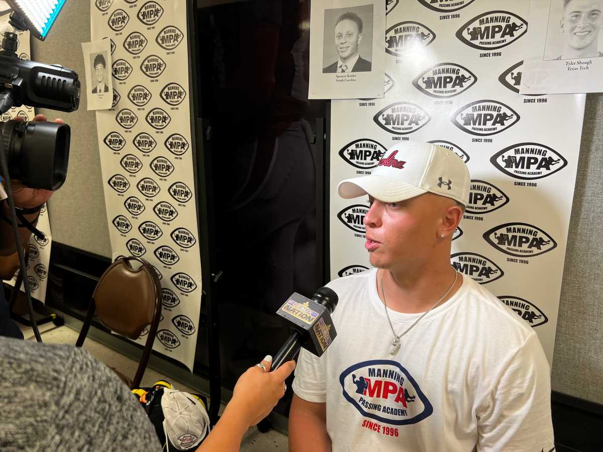 South Carolina quarterback Spencer Rattler talks with media while attending the Manning Passing Academy held at Nicholls in Thibodaux, Louisiana, on Friday.