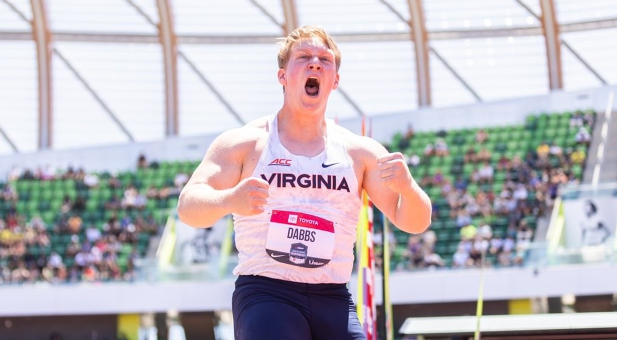 Ethan Dabbs wins gold in the javelin at the USATF Outdoor Championships at Hayward Field in Eugene, Oregon.