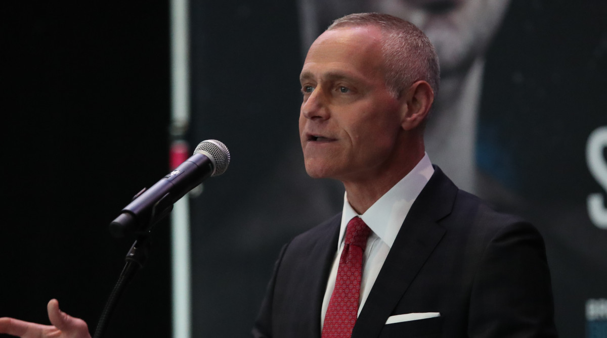 Brett Yormark CEO of Barclays Center, talks with members of the media about the upcoming PBC on FOX card at Barclays Center on June 18, 2019 in New York City.