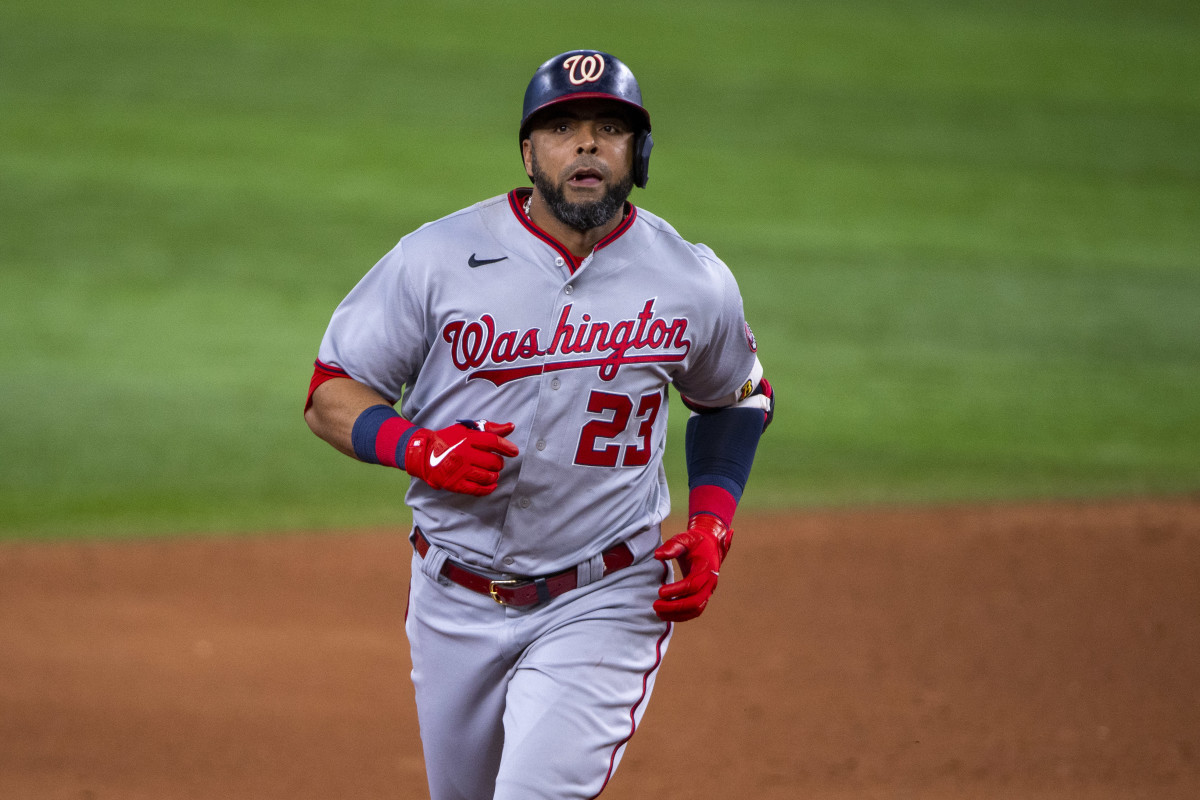 Jun 25, 2022; Arlington, Texas, USA; Washington Nationals designated hitter Nelson Cruz (23) rounds the bases after he hits a two run home run against the Texas Rangers during the sixth inning at Globe Life Field.