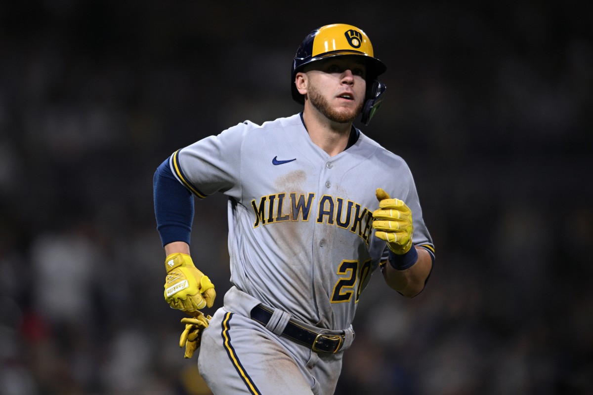 Milwaukee Brewers third baseman Mike Brosseau (20) rounds the bases after hitting a home run during the fifth inning against the San Diego Padres at Petco Park. (Orlando Ramirez-USA TODAY Sports)
