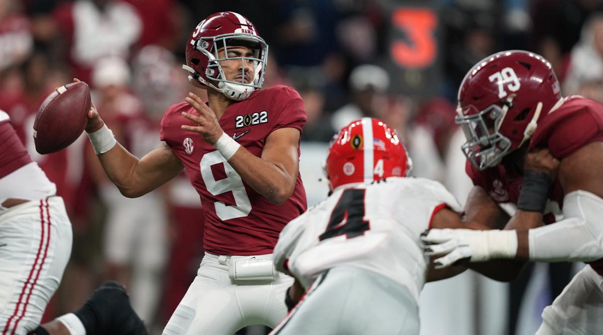 Jan 10, 2022; Indianapolis, IN, USA; Alabama Crimson Tide quarterback Bryce Young (9) drops back to throw against the Georgia Bulldogs during the third quarter of the 2022 CFP college football national championship game at Lucas Oil Stadium.