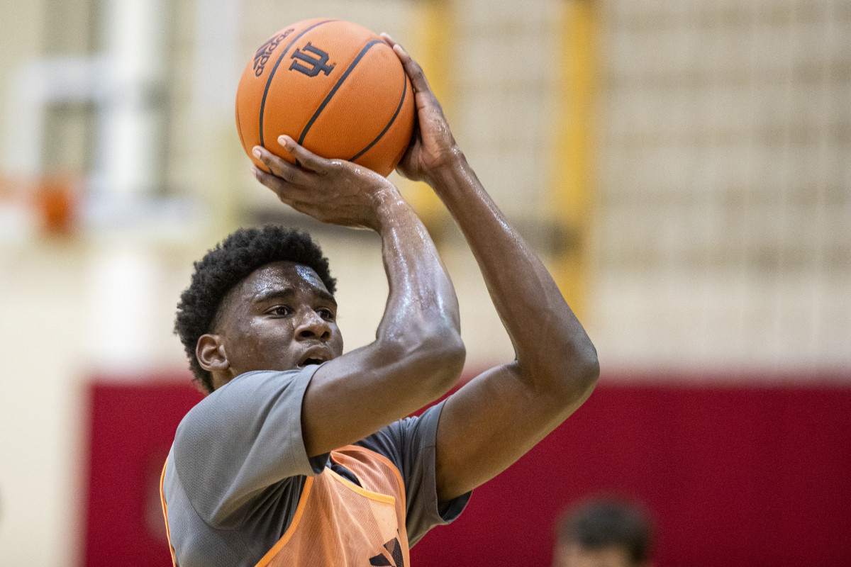 Kaleb Banks rises up for a shot during practice at Cook Hall in Bloomington, Ind. 