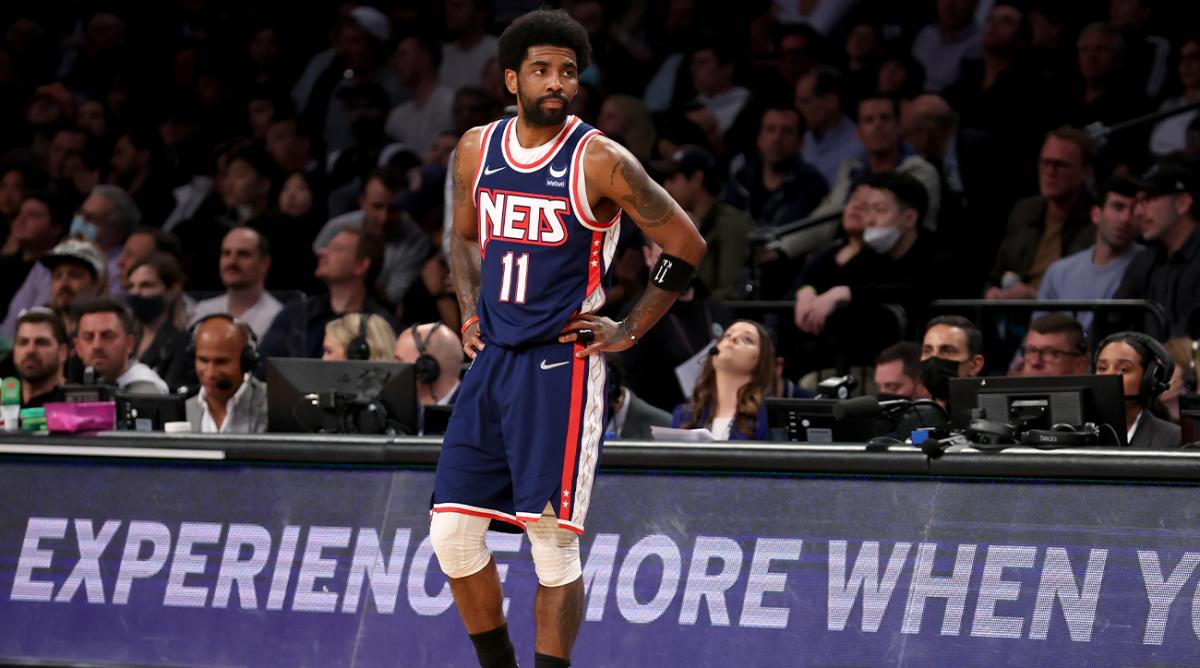 Boston Celtics at Brooklyn NetsCaption:Apr 25, 2022; Brooklyn, New York, USA; Brooklyn Nets guard Kyrie Irving (11) reacts during the second quarter of game four of the first round of the 2022 NBA playoffs against the Boston Celtics at Barclays Center.