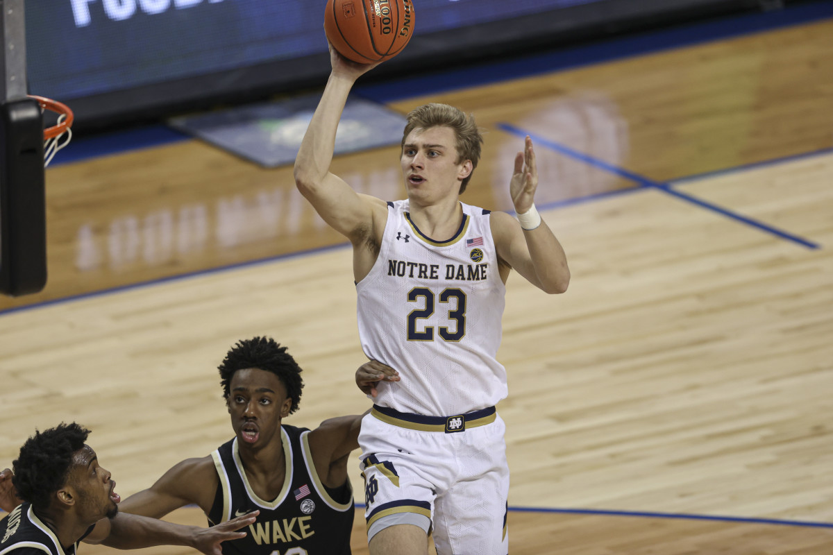 Notre Dame Fighting Irish guard Dane Goodwin (23) shoots against the Wake Forest Demon Deacons in the first round of the 2021 ACC men's basketball tournament at Greensboro Coliseum.