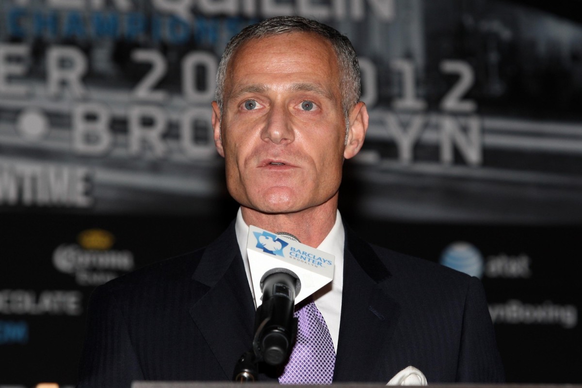 Aug 30, 2012; Brooklyn, NY, USA; Barclays Center chief executive officer Brett Yormark speaks at the press conference announcing the fight between Danny Garcia and Erik Morales at New York Marriott at the Brooklyn Bridge. The press conference announced the upcoming October 20th card at the Barclays Center.